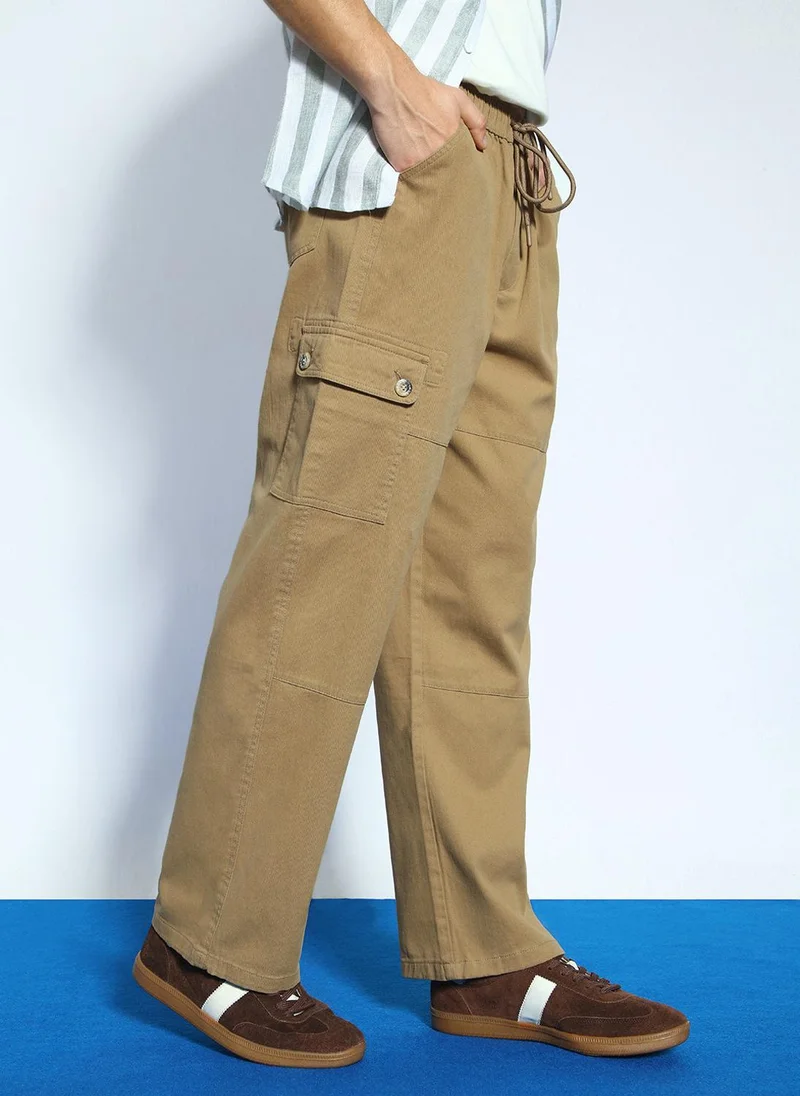 Urbano Fashion Men's Khaki Loose Baggy Fit Cargo Jogger Chino Pant with 6 Pockets Stretchable